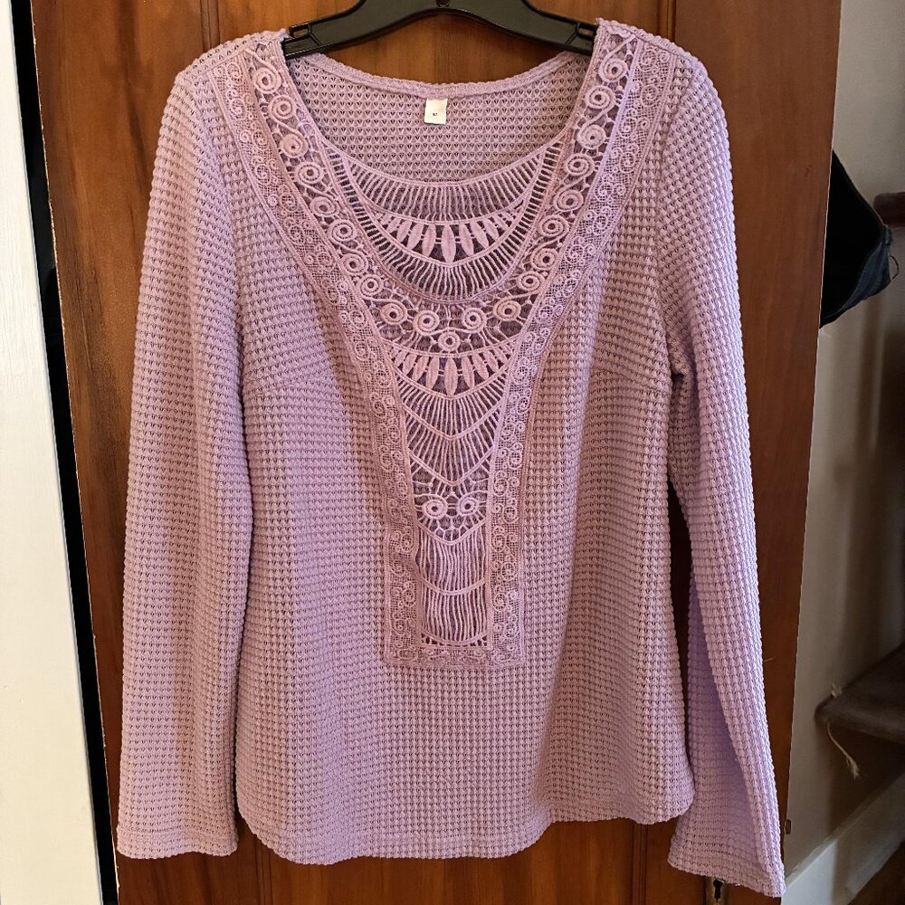 Women's Lavender Long Sleeve Knit Top with Lacy Detail - Medium